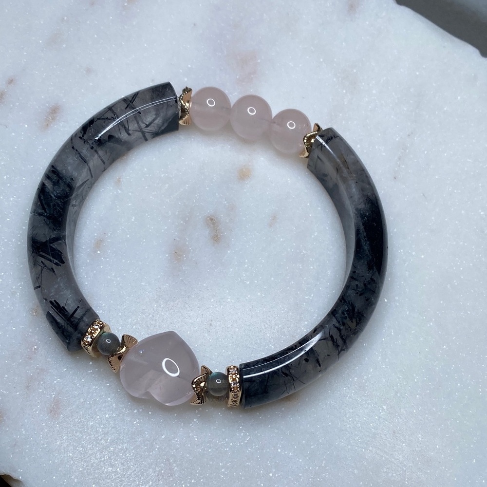 Black Tourmaline & Rose Quartz Heart Bangle Bracelet • Gold Accents • Protective - Picture 6 of 9
